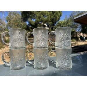 Vintage Pasari Livia Clear Frosted Embossed Rose Pattern Glass Mugs Set of 6